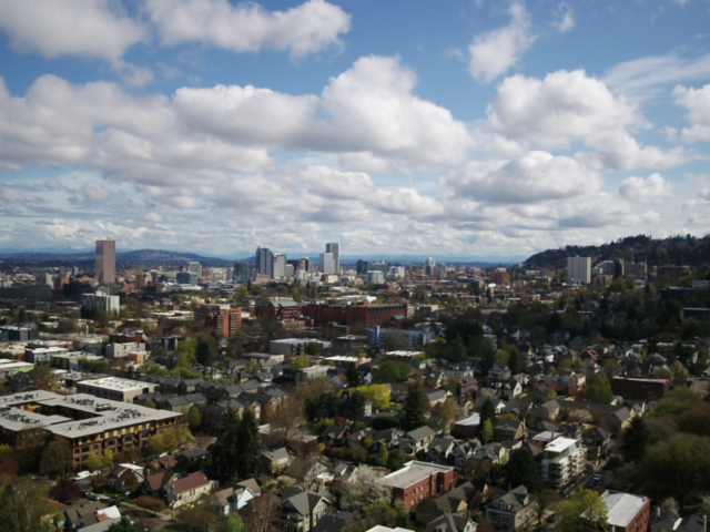 drone photo looking towards downtown Portland